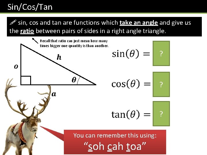 Sin/Cos/Tan ! sin, cos and tan are functions which take an angle and give