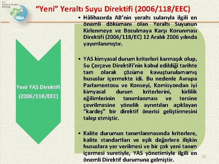 “Yeni” Yeraltı Suyu Direktifi (2006/118/EEC) • Hâlihazırda AB’nin yeraltı sularıyla ilgili en önemli dökümanı