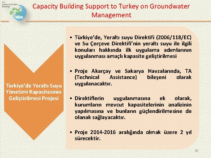 Capacity Building Support to Turkey on Groundwater Management • Türkiye’de, Yeraltı suyu Direktifi (2006/118/EC)