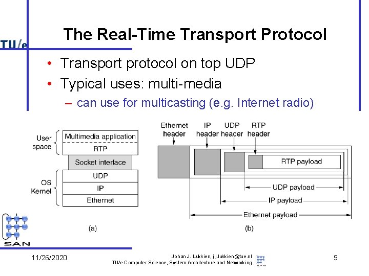 The Real-Time Transport Protocol • Transport protocol on top UDP • Typical uses: multi-media