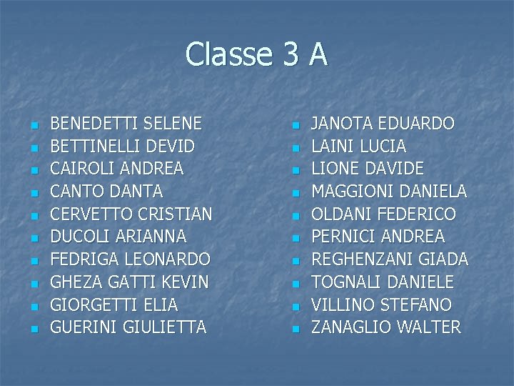 Classe 3 A n n n n n BENEDETTI SELENE BETTINELLI DEVID CAIROLI ANDREA