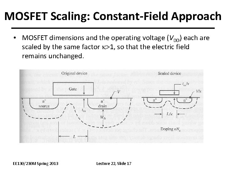 MOSFET Scaling: Constant-Field Approach • MOSFET dimensions and the operating voltage (VDD) each are