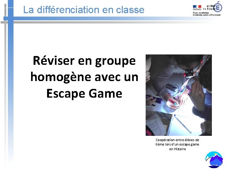 La différenciation en classe Réviser en groupe homogène avec un Escape Game Coopération entre