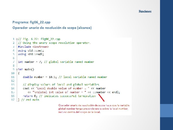 Funciones Programa: fig 06_22. cpp Operador unario de resolución de scope (alcance) Funciones Programa: fig 06_22. cpp Operador unario de resolución de scope (alcance)