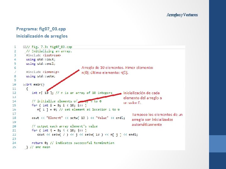 Arreglos y Vectores Programa: fig 07_03. cpp Inicialización de arreglos 