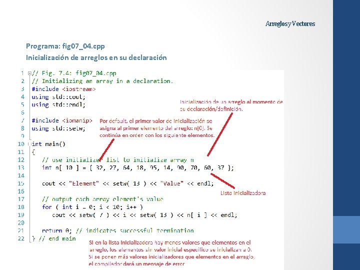 Arreglos y Vectores Programa: fig 07_04. cpp Inicialización de arreglos en su declaración 