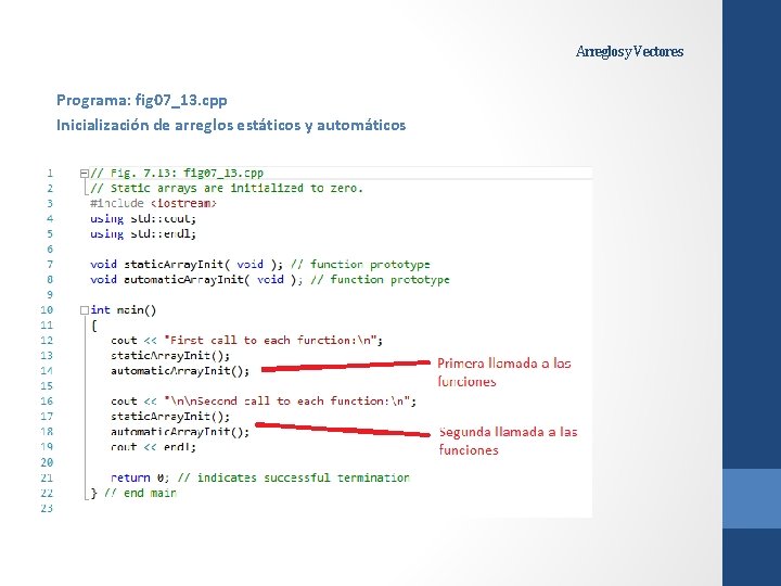 Arreglos y Vectores Programa: fig 07_13. cpp Inicialización de arreglos estáticos y automáticos 