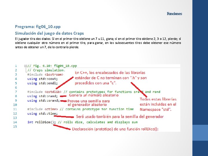 Funciones Programa: fig 06_10. cpp Simulación del juego de datos Craps El jugador tira Funciones Programa: fig 06_10. cpp Simulación del juego de datos Craps El jugador tira