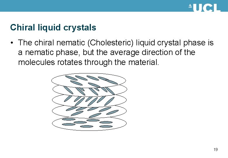 Chiral liquid crystals • The chiral nematic (Cholesteric) liquid crystal phase is a nematic