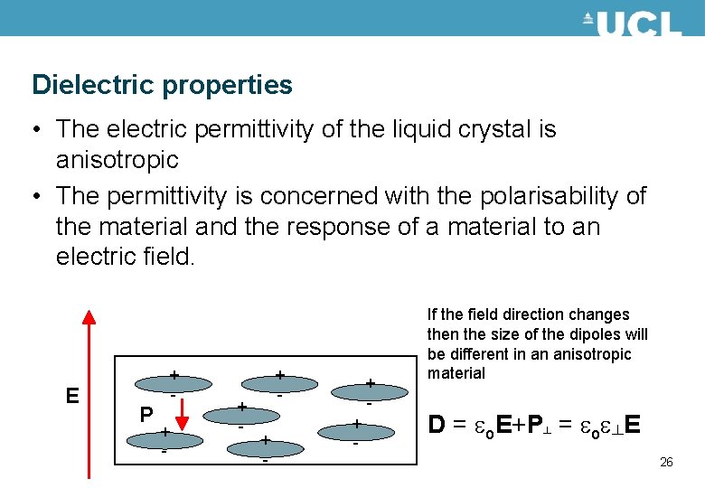 Dielectric properties • The electric permittivity of the liquid crystal is anisotropic • The