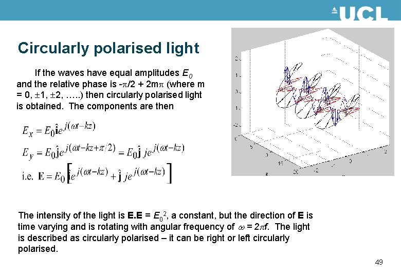 Circularly polarised light If the waves have equal amplitudes E 0 and the relative
