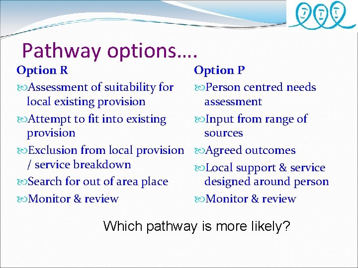 Pathway options…. Option R Assessment of suitability for local existing provision Attempt to fit