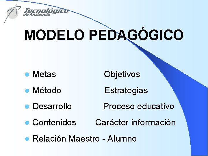 MODELO PEDAGÓGICO l Metas Objetivos l Método Estrategias l Desarrollo Proceso educativo l Contenidos
