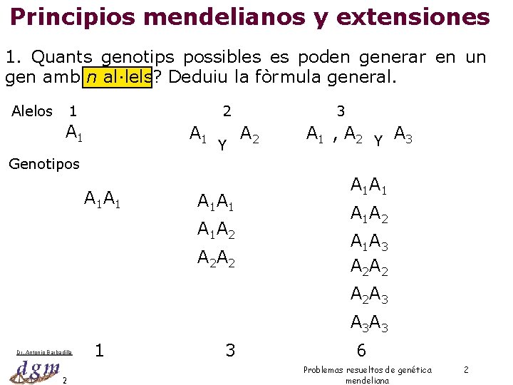 Principios mendelianos y extensiones 1. Quants genotips possibles es poden generar en un gen