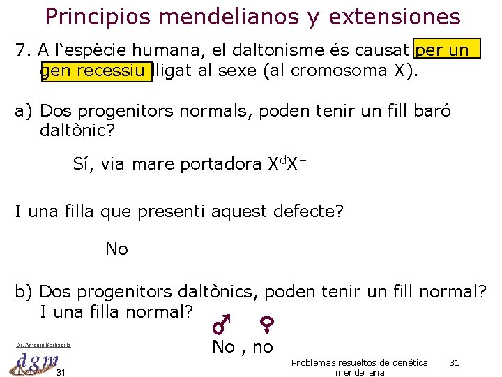 Principios mendelianos y extensiones 7. A l‘espècie humana, el daltonisme és causat per un