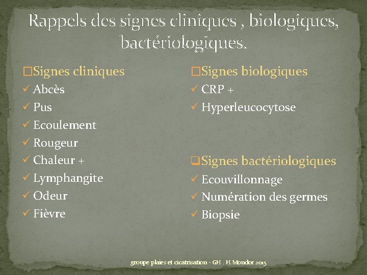 Rappels des signes cliniques , biologiques, bactériologiques. �Signes cliniques �Signes biologiques ü Abcès ü