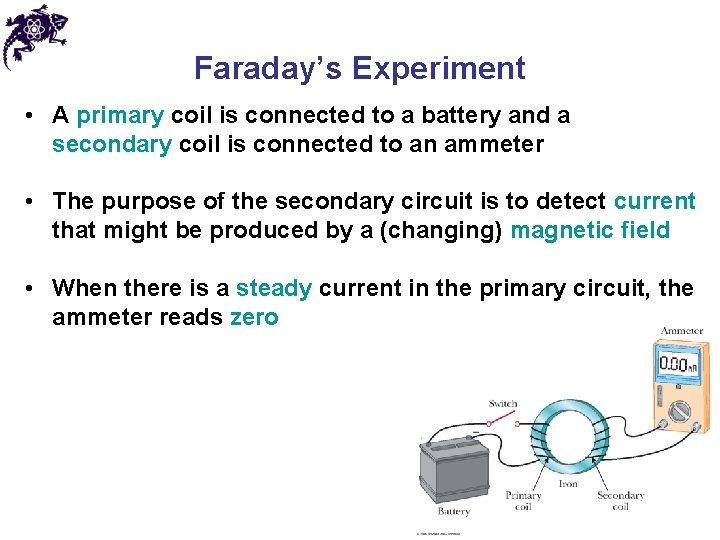 Faraday’s Experiment • A primary coil is connected to a battery and a secondary