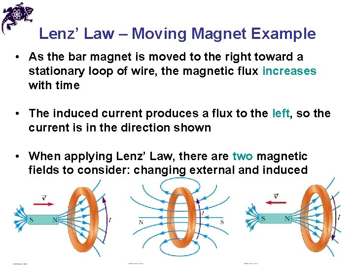 Lenz’ Law – Moving Magnet Example • As the bar magnet is moved to