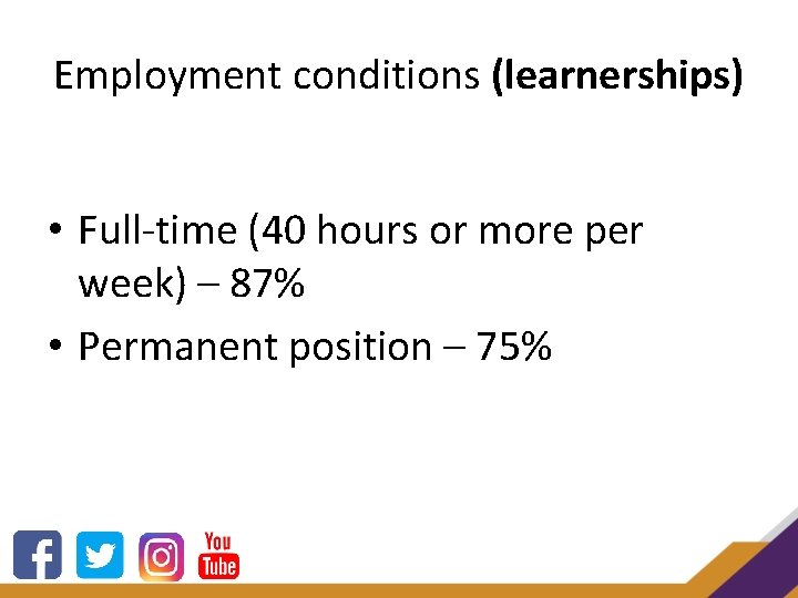 Employment conditions (learnerships) • Full-time (40 hours or more per week) – 87% •