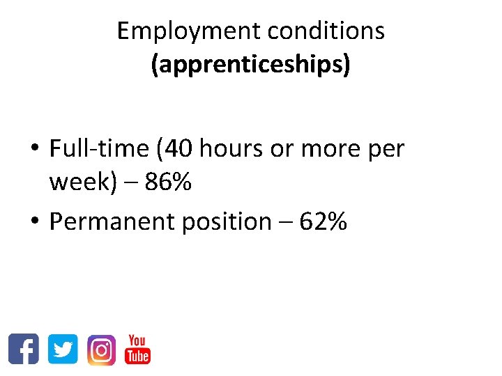 Employment conditions (apprenticeships) • Full-time (40 hours or more per week) – 86% •