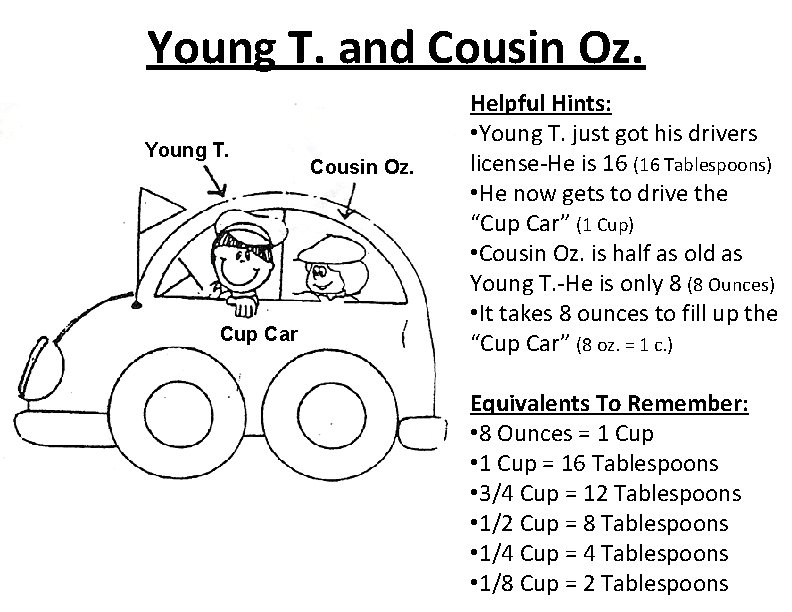 Young T. and Cousin Oz. Young T. Cup Car Cousin Oz. Helpful Hints: •