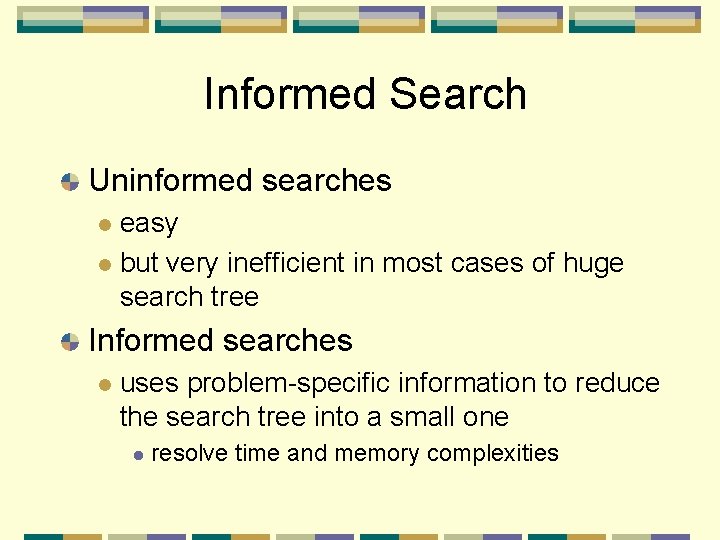 Informed Search Uninformed searches easy l but very inefficient in most cases of huge