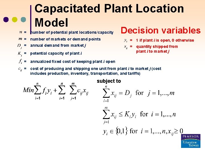 Capacitated Plant Location Model = number of potential plant locations/capacity Decision variables = number