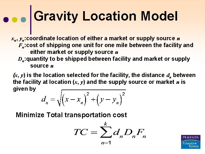 Gravity Location Model xn, yn: coordinate location of either a market or supply source