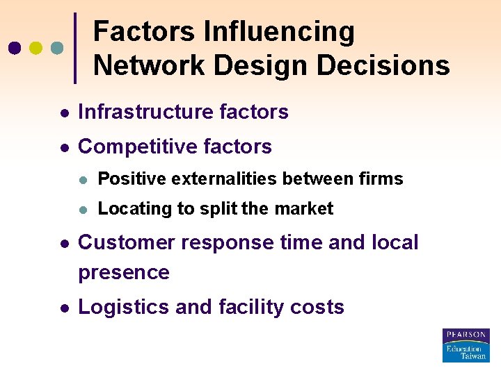 Factors Influencing Network Design Decisions l Infrastructure factors l Competitive factors l Positive externalities