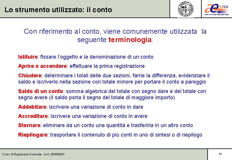 Lo strumento utilizzato: il conto Con riferimento al conto, viene comunemente utilizzata la seguente