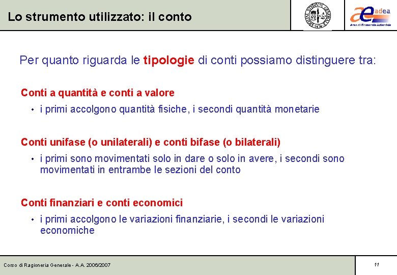 Lo strumento utilizzato: il conto Per quanto riguarda le tipologie di conti possiamo distinguere