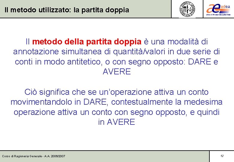 Il metodo utilizzato: la partita doppia Il metodo della partita doppia è una modalità