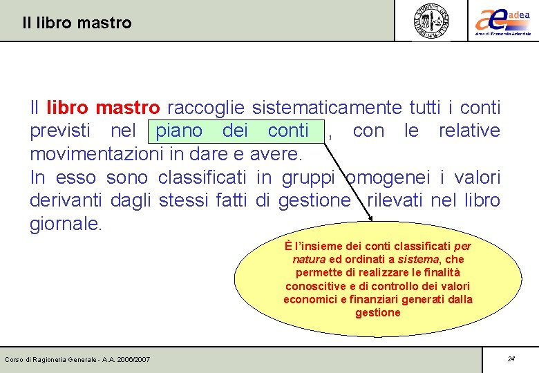 Il libro mastro Libro mastro Il libro mastro raccoglie sistematicamente tutti i conti previsti