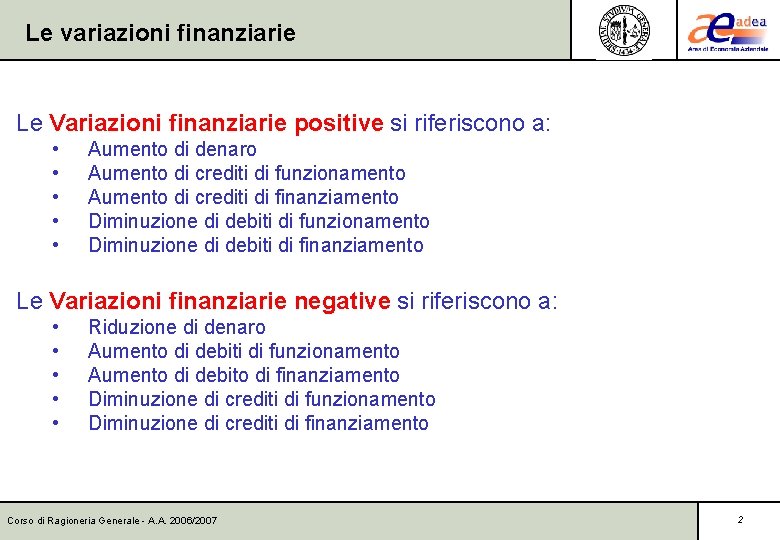 Le variazioni finanziarie Le Variazioni finanziarie positive si riferiscono a: • • • Aumento