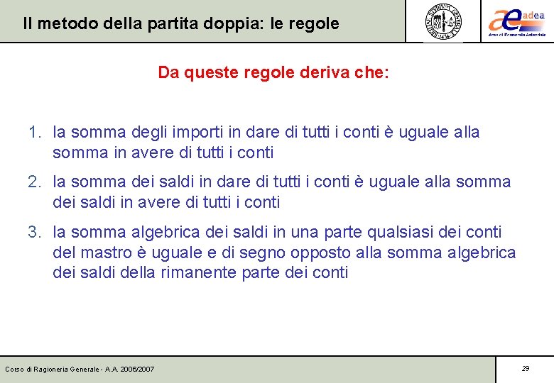 Il metodo della partita doppia: le regole Da queste regole deriva che: 1. la