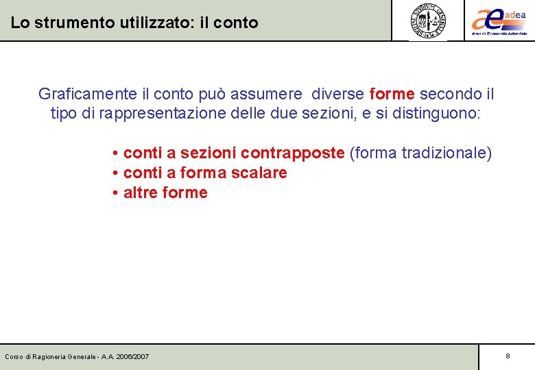 Lo strumento utilizzato: il conto Graficamente il conto può assumere diverse forme secondo il