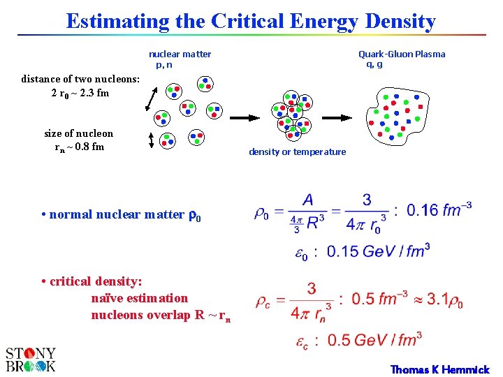 Estimating the Critical Energy Density Quark-Gluon Plasma q, g nuclear matter p, n distance Estimating the Critical Energy Density Quark-Gluon Plasma q, g nuclear matter p, n distance