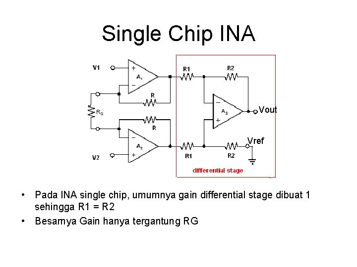 Single Chip INA Vout Vref • Pada INA single chip, umumnya gain differential stage
