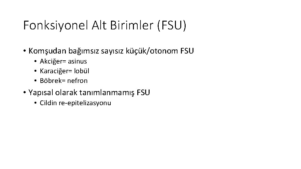 Fonksiyonel Alt Birimler (FSU) • Komşudan bağımsız sayısız küçük/otonom FSU • Akciğer= asinus • Fonksiyonel Alt Birimler (FSU) • Komşudan bağımsız sayısız küçük/otonom FSU • Akciğer= asinus •