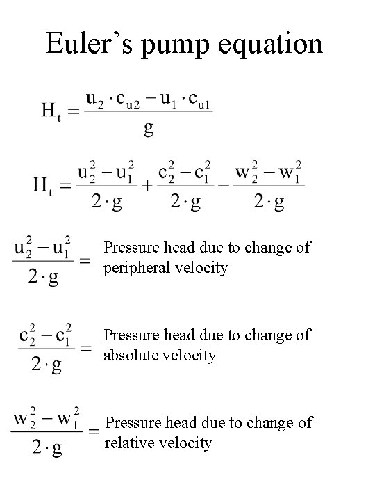 Euler’s pump equation Pressure head due to change of peripheral velocity Pressure head due