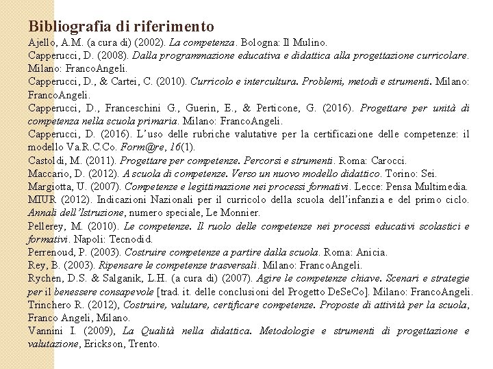 Bibliografia di riferimento Ajello, A. M. (a cura di) (2002). La competenza. Bologna: Il