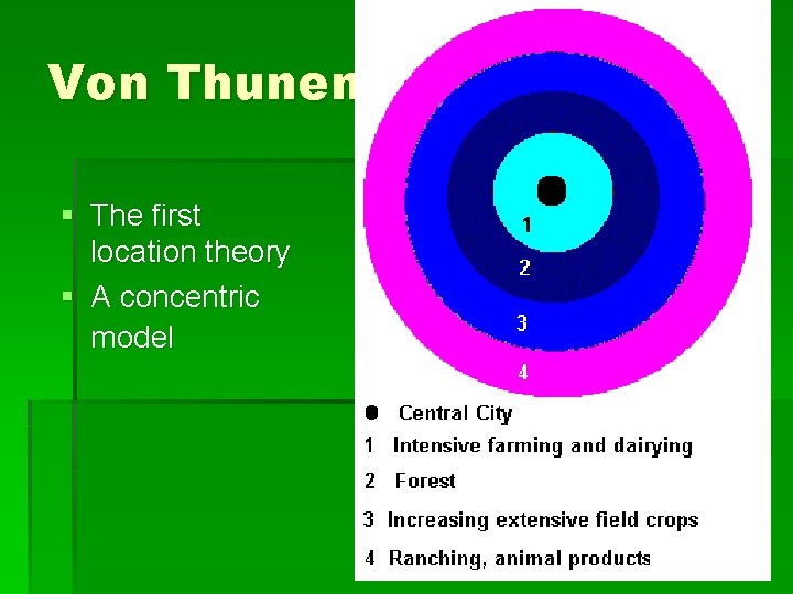 Von Thunen Model: § The first location theory § A concentric model 