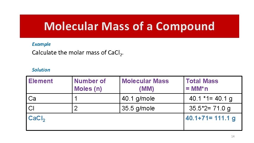 Molecular Mass of a Compound Example Calculate the molar mass of Ca. Cl 2.