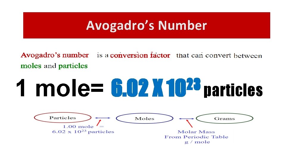 Avogadro’s Number 1 mole= 23 6. 02 X 10 particles 