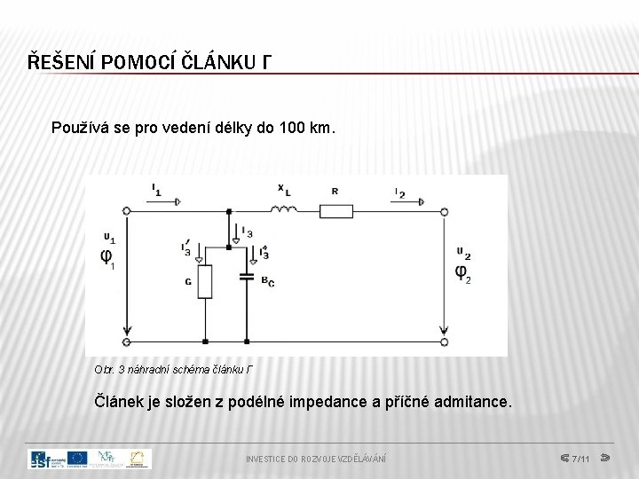 ŘEŠENÍ POMOCÍ ČLÁNKU Γ Používá se pro vedení délky do 100 km. Obr. 3