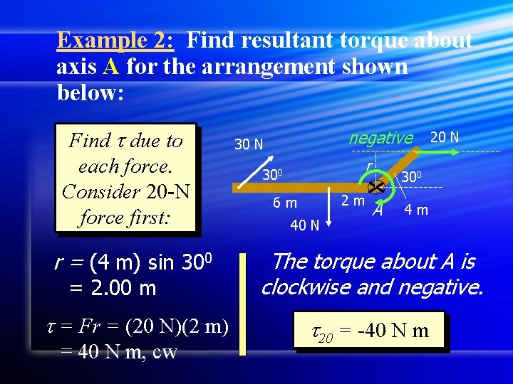 Example 2: Find resultant torque about axis A for the arrangement shown below: Find