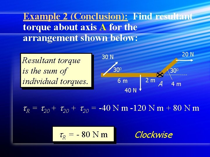 Example 2 (Conclusion): Find resultant torque about axis A for the arrangement shown below: