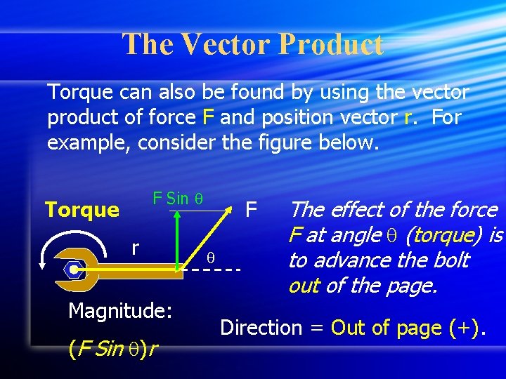 The Vector Product Torque can also be found by using the vector product of