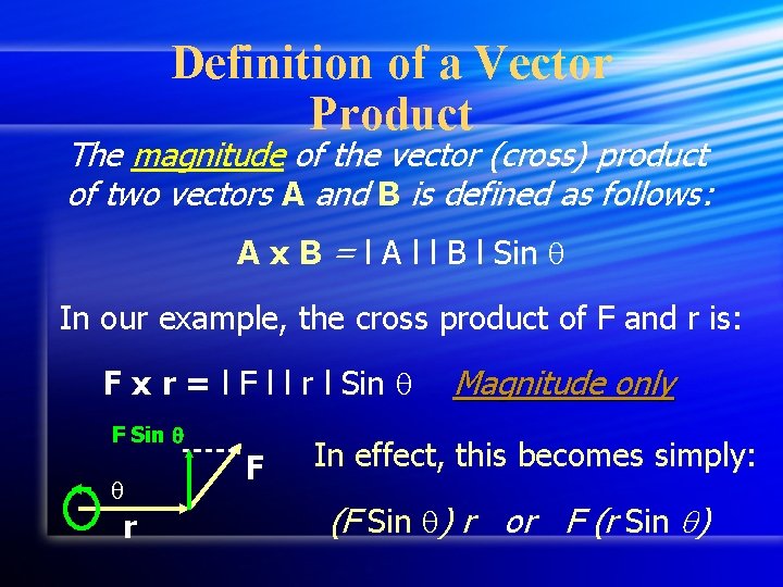 Definition of a Vector Product The magnitude of the vector (cross) product of two