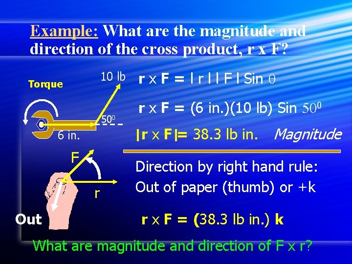 Example: What are the magnitude and direction of the cross product, r x F?